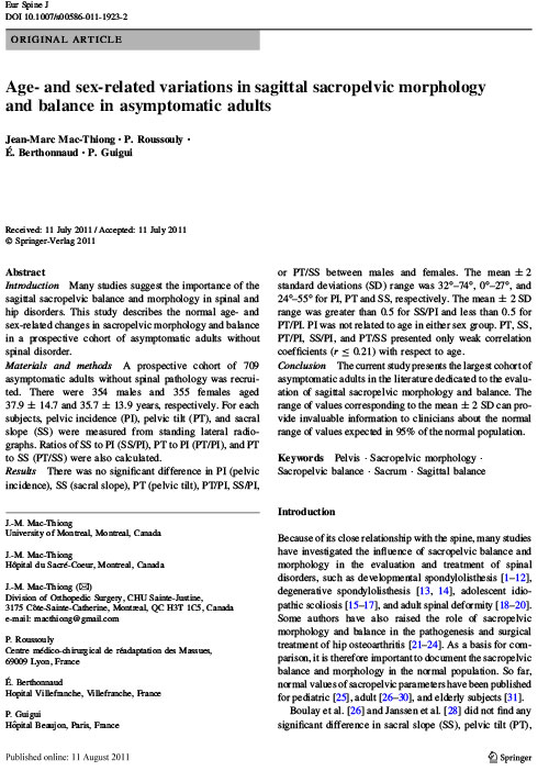 Age- and sex-related variations in sagittal sacropelvic morphology and balance in asymptomatic adults